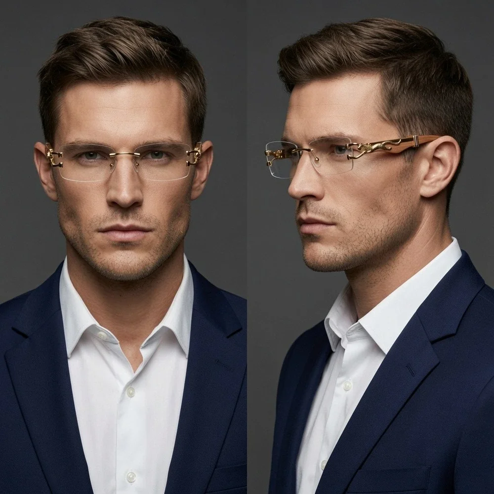 Men Sunglasses Hip Hop Clear Lens Gold Frame Retro Shades Metal‎ Small Rimless